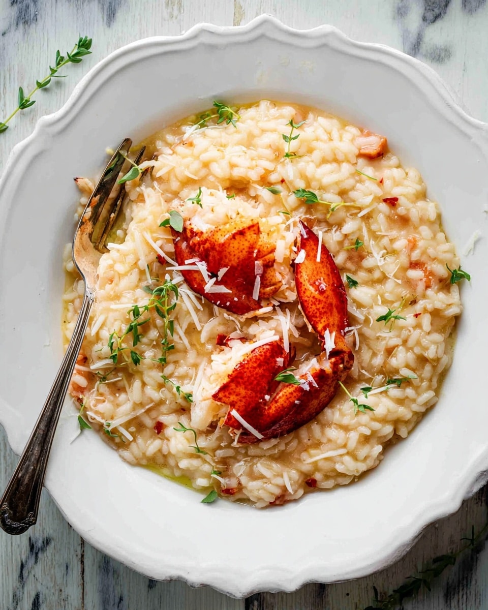 The image shows a white scalloped-edge bowl filled with creamy risotto, with a light beige and slightly shiny texture. On top, there are two red lobster claws placed centrally, contrasting with the risotto. Small green herb sprigs are scattered over the risotto, adding a fresh touch. A silver spoon is resting inside the bowl on the left side, partially scooping the risotto. The bowl is set on a soft pink cloth that has a wrinkled texture, all placed on a surface with a white marbled texture. A second white bowl with risotto and a glass of water are slightly visible in the background. Photo taken with an iphone --ar 4:5 --v 7
