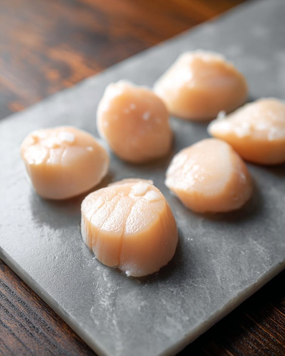 The image shows six raw scallops arranged in two rows on a grey cutting board, with three scallops in each row. Each scallop is pale peach with a smooth, slightly shiny texture, and they are plump and round, with some small white parts attached. The cutting board is placed on a dark wood surface, which should be changed to a white marbled texture. The focus is on the scallops in the front row, with a soft background blur behind them. Photo taken with an iphone --ar 4:5 --v 7