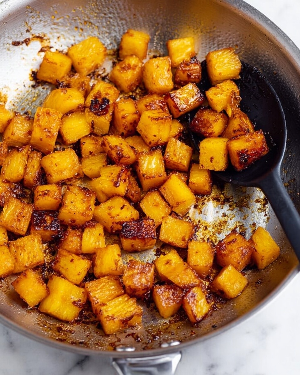 The image shows a close-up of a gray metal pan with small golden-brown cooked cubes of food, likely fried pineapple or squash pieces. The cubes have a caramelized, slightly crispy texture with a mix of darker browned edges and bright yellow centers. The cubes are scattered evenly across the pan, with some resting on a black spoon positioned on the right side of the pan. The pan surface shows some browned bits and slight oil residue, enhancing the cooked effect. The background and surface around the pan are a white marbled texture. Photo taken with an iphone --ar 4:5 --v 7
