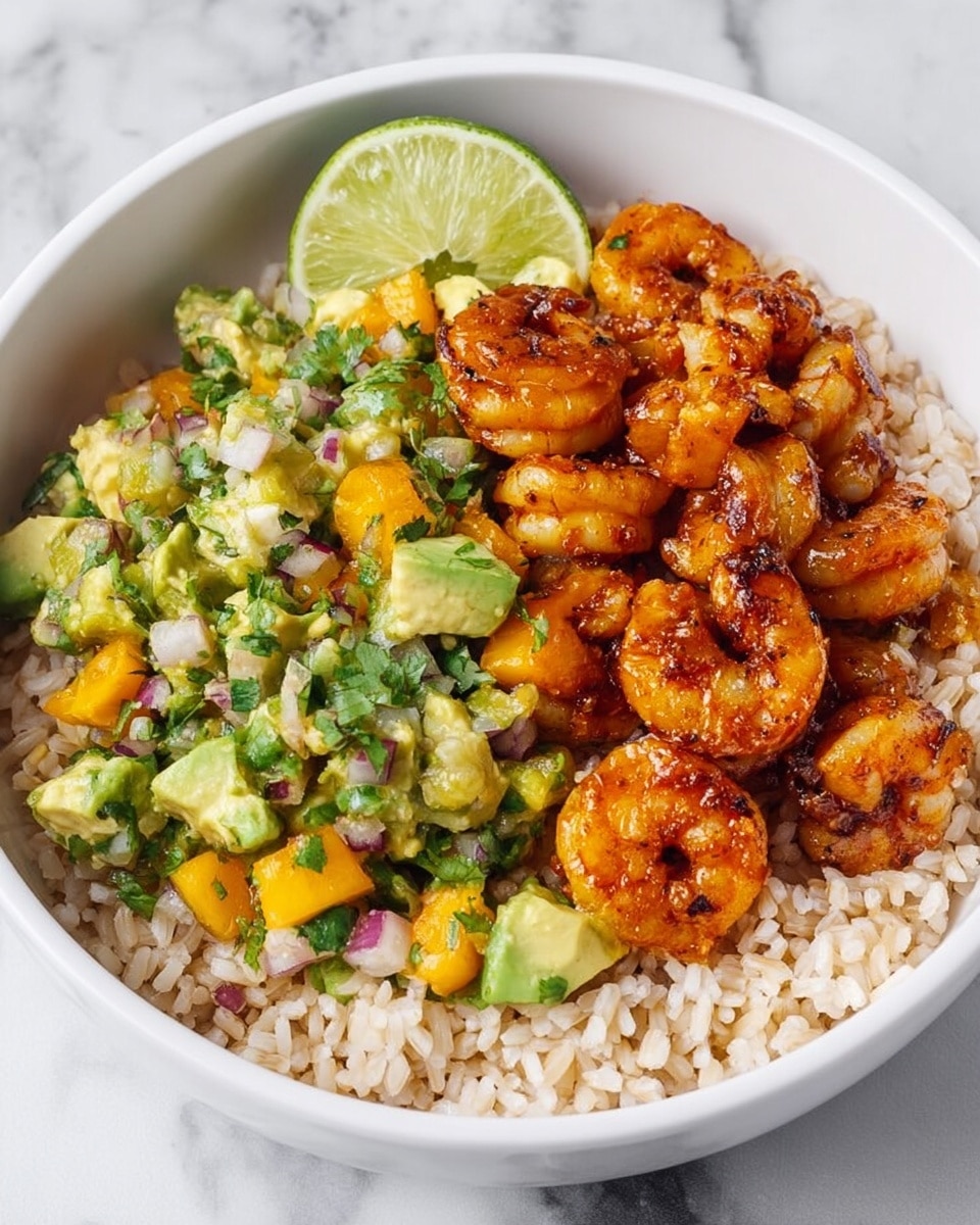 Two white bowls filled with layers of food sit on a white marbled surface. Each bowl has a base layer of light brown rice. On one side of the rice, bright orange-red shrimp with a slightly charred texture form the second layer. The other side of the rice is topped with a colorful mix of diced avocado, golden-orange fruit pieces, chopped herbs, and small bits of red onion, creating a fresh and chunky third layer. One bowl shows a wedge of lime placed on the edge. A yellow cloth with a black fork lies beside the bowls. Photo taken with an iphone --ar 4:5 --v 7