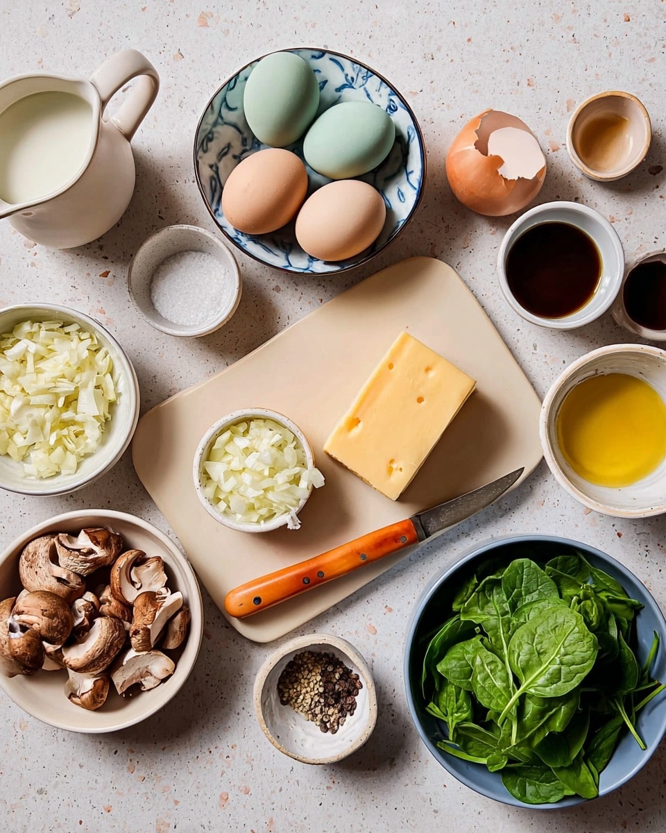 The image shows a top view of various ingredients arranged on a white marbled surface. There is a light beige cutting board near the center with a block of yellow cheese on it, a piece of cheese already sliced and resting next to a knife with an orange handle. Around the cutting board, there are several small white bowls: one holds finely chopped onions, another has small chopped garlic pieces, and a third contains sliced brown mushrooms. A blue bowl filled with fresh green spinach leaves is placed at the lower right. At the top, there is a white bowl with a blue rim holding colorful eggs—some light green and some brown. Nearby, a small white pitcher contains milk. Two tiny white bowls hold a mix of black pepper and salt and a dark brown liquid, while another small bowl contains a yellow oil. The whole setting is neat and clean, with natural soft light giving everything a fresh look. Photo taken with an iphone --ar 4:5 --v 7