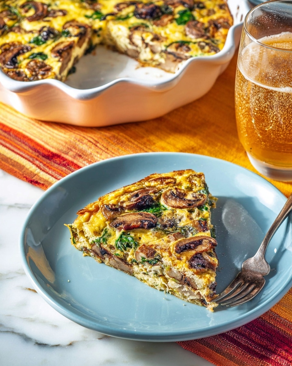 A slice of mushroom and spinach quiche is being lifted with a metal spatula that has a wooden handle, showing two layers: the top layer is golden and slightly browned eggs mixed with wilted green spinach leaves and soft brown mushroom slices, while the bottom layer is a light, creamy egg filling with pepper specks, all contained in a fluted white ceramic pie dish with a red rim. The quiche has an unevenly browned surface with visible herbs and mushrooms spread across the top. The pie dish sits on a white marbled surface beside a striped cloth in yellow, white, orange, and blue. Photo taken with an iphone --ar 4:5 --v 7