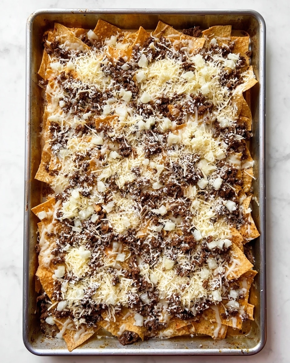 A metal tray filled with multiple layers starting with a base of crispy light brown tortilla chips. On top is a layer of melted white cheese mixed with crumbled cooked ground meat in brown shades. Scattered over these are small chunks of bright red fresh tomatoes, thin slices of purple red onions, and dark purple sliced olives. Dollops of white sour cream are placed evenly over the dish, with some green cilantro leaves sprinkled throughout. The tray rests on a white marbled surface. Photo taken with an iphone --ar 4:5 --v 7