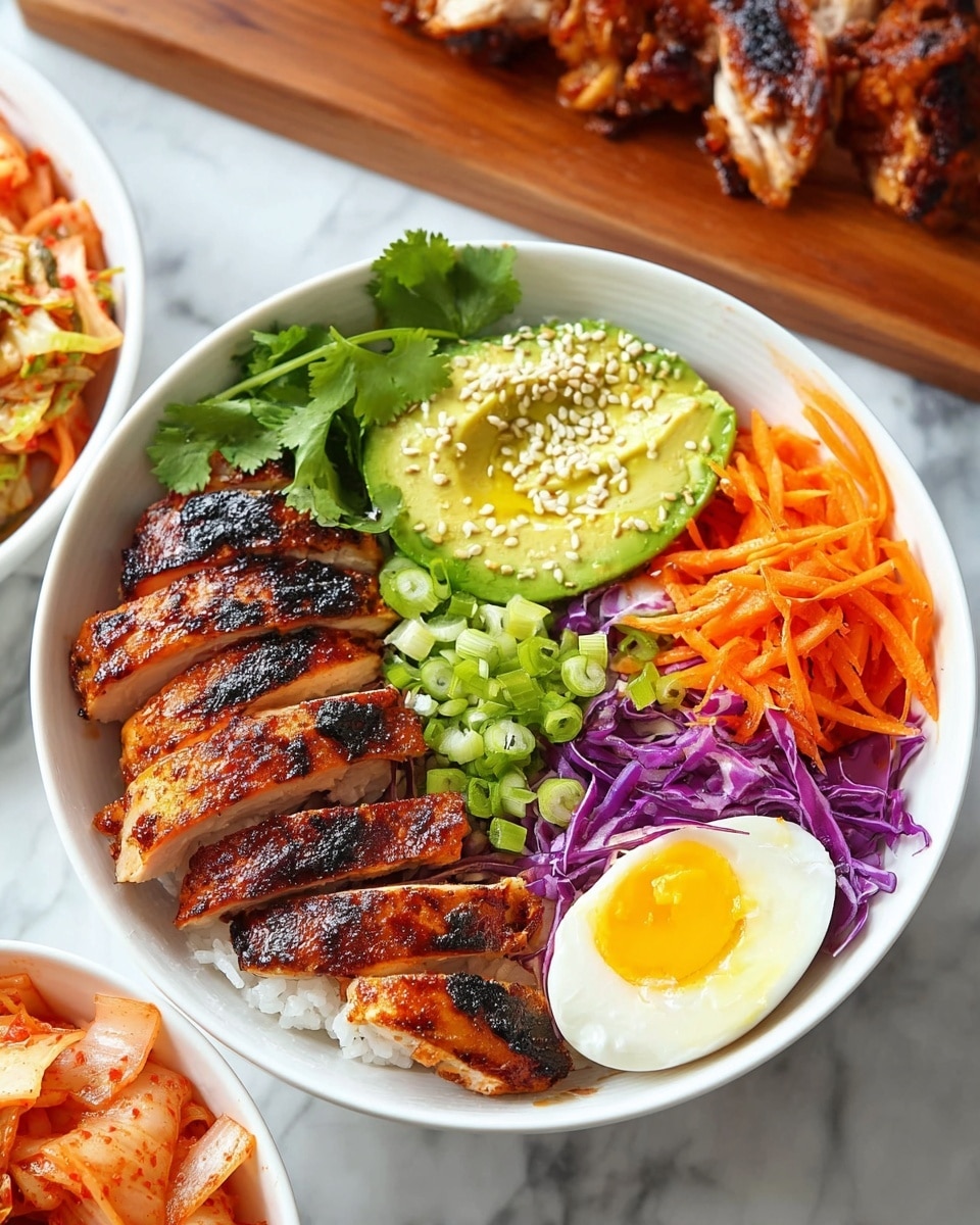 A white bowl filled with layers starting from the bottom with white rice, topped with sliced grilled chicken with a dark brown char, a pile of bright orange thin carrot curls on one side, fresh green cilantro leaves near the top, a smooth green half avocado sprinkled with black and white sesame seeds on the right, and a small pile of purple shredded cabbage next to the avocado. There's also a halved soft-boiled egg with a bright yellow runny yolk placed near the center, chopped green onions near the bottom, and a small stack of reddish-orange kimchi next to the cabbage. The bowl sits on a white marbled surface, with a wooden board holding sliced grilled chicken to the left, and small clear bowls of shredded purple cabbage, carrot curls, kimchi, mixed sesame seeds, and chopped green onions around it. Photo taken with an iphone --ar 4:5 --v 7