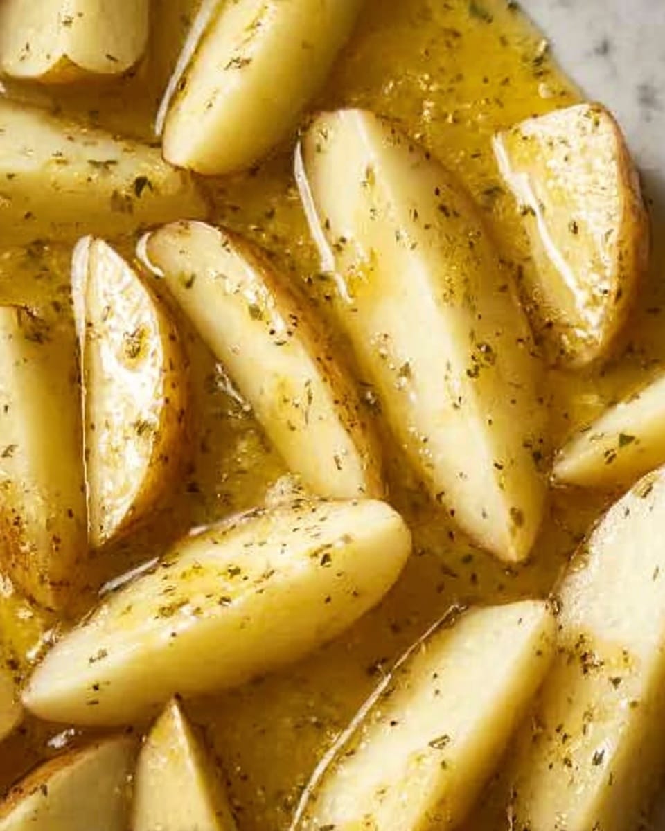 The image shows a close-up of golden roasted potato wedges arranged on a light baking tray, with a crispy texture and slightly browned edges. There are bright yellow lemon wedges placed among the potato pieces, adding a pop of color, and small green herb leaves scattered on top for garnish. The scene is set against a white marbled surface, highlighting the warm colors of the food. Photo taken with an iphone --ar 4:5 --v 7