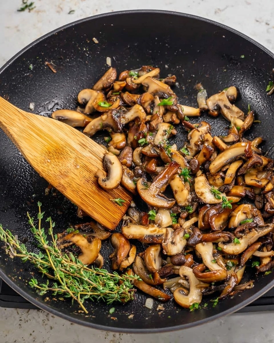 The image shows a black pan filled with cooked mixed mushrooms that are golden brown and slightly crispy on the edges. There are small green herb pieces sprinkled on top, and a few sprigs of fresh thyme rest on one side of the pan. A wooden spatula with a smooth texture is partly in the pan, angled diagonally, and appears to be stirring the mushrooms. The background and surface have a clean white marbled texture. Photo taken with an iphone --ar 4:5 --v 7