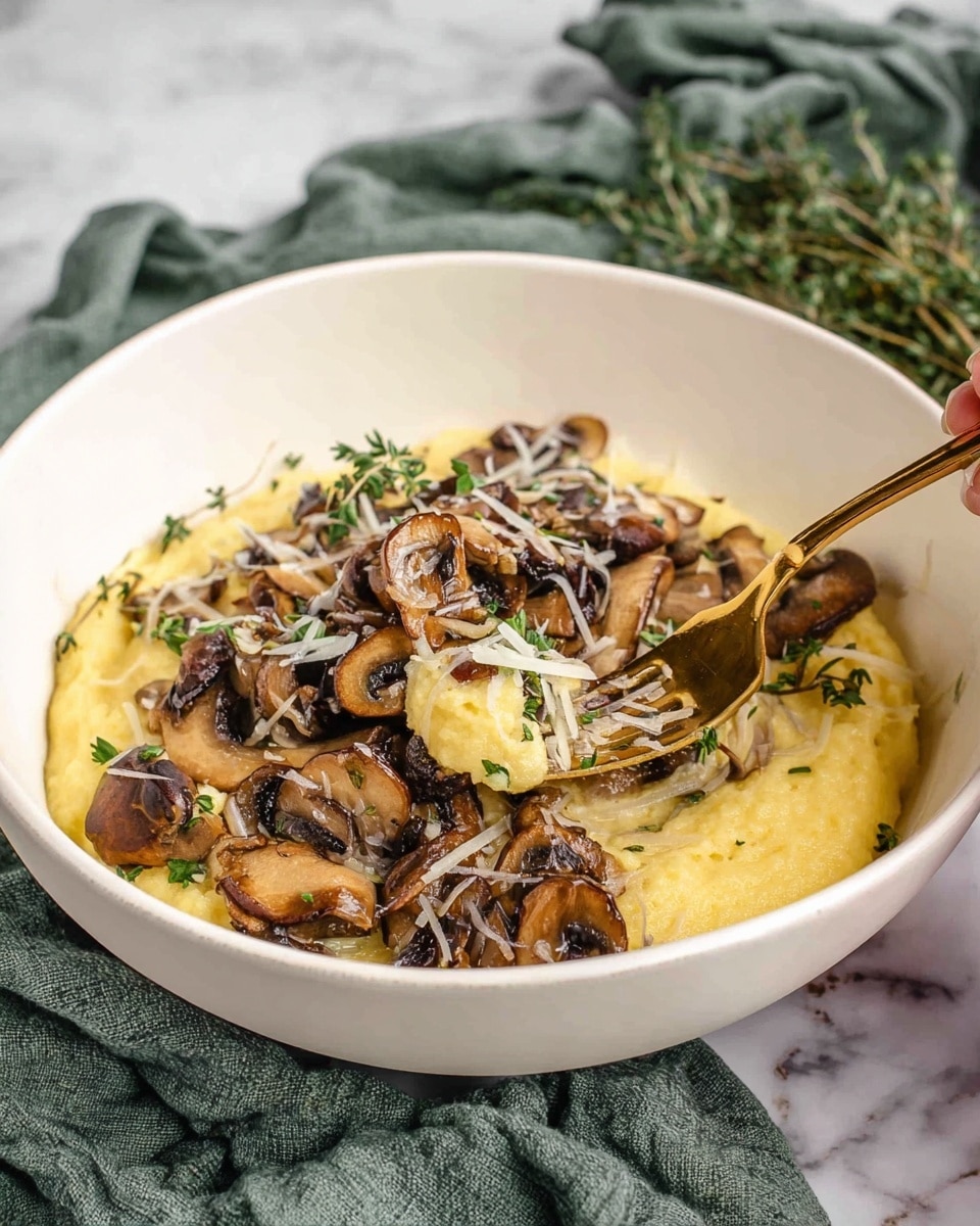 A white bowl sits on a white marbled surface filled with two main layers: the bottom layer is smooth, creamy yellow polenta spread evenly, and the top layer is a mix of sautéed brown mushrooms with different shades, garnished with fresh green herbs and a small bunch of thyme placed on the right side. The mushrooms have a slightly shiny, cooked texture, and small green herb bits are scattered over both layers for color contrast, photo taken with an iphone --ar 4:5 --v 7