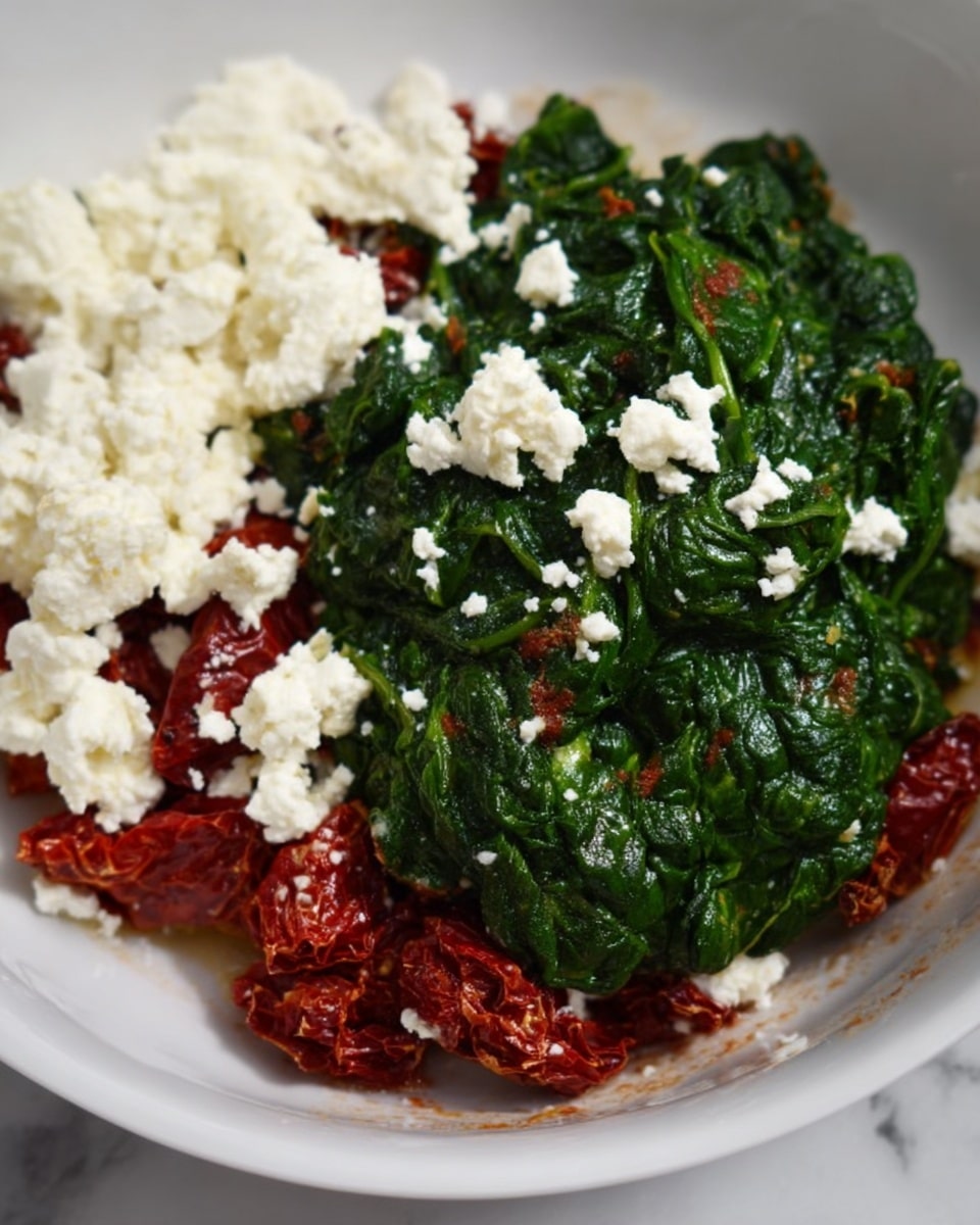 The image shows a white plate filled with a mix of three main layers. The bottom layer is red sun-dried tomatoes, scattered unevenly. On top of this, there is a white layer of crumbly feta cheese spread in chunks. The third layer sits to one side and is a large portion of bright green cooked spinach, folded and textured with some small white cheese crumbs on top. The whole dish is placed on a white marbled surface. Photo taken with an iphone --ar 4:5 --v 7