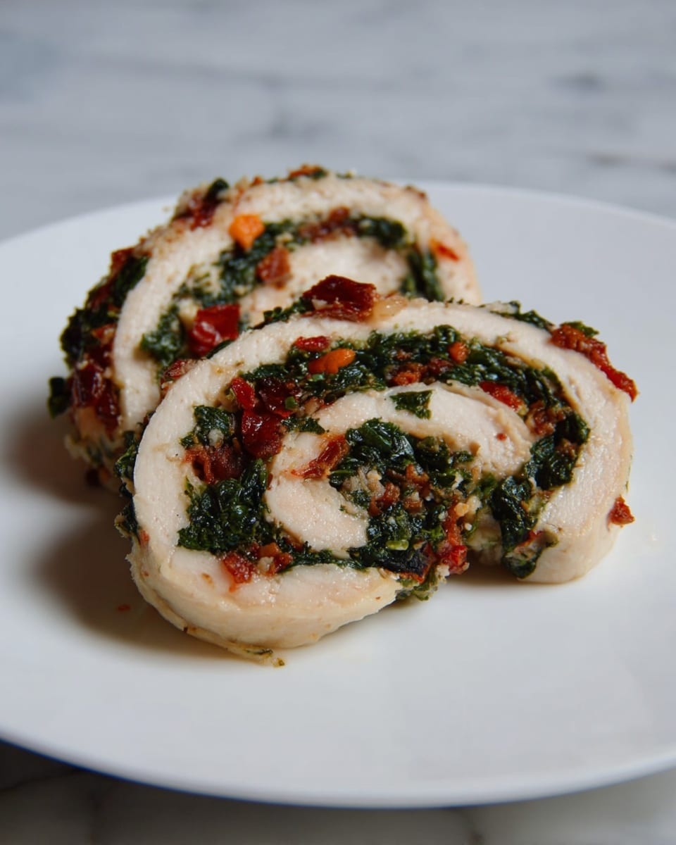 The image shows two slices of a rolled dish placed side by side on a white plate. Each roll has multiple layers: the outer layer is light beige and smooth, forming the main body of the roll. Inside, there are layers of dark green, leafy textures mixed with small pieces of red and orange bits dispersed unevenly. The layers spiral inward, creating a swirl pattern with mixed colors and textures clearly visible from the side. The plate is set on a white marbled surface. Photo taken with an iphone --ar 4:5 --v 7