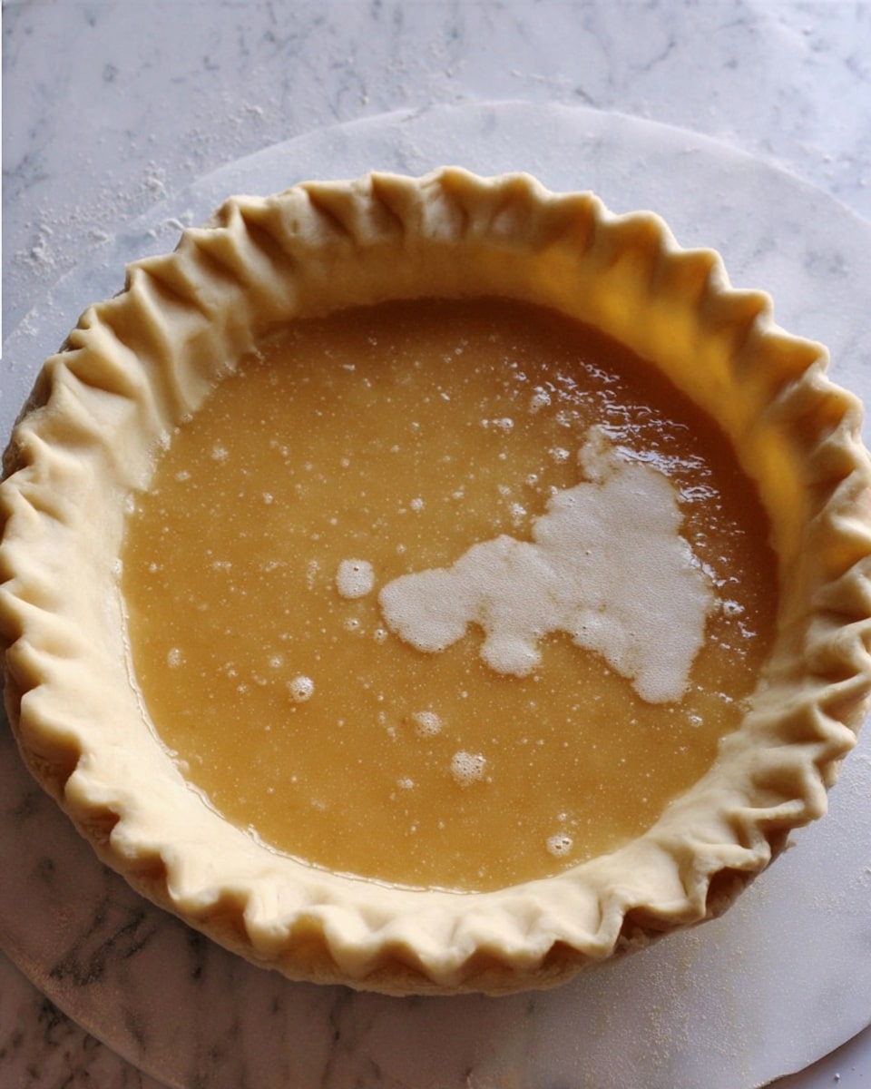 A pie with two layers is shown on a round white marbled surface; the bottom layer is a smooth pale yellow crust with a decorative fluted edge, while the top layer is a shiny light amber filling with small bubbles scattered across its surface, filling the crust evenly up to the edge, photo taken with an iphone --ar 4:5 --v 7