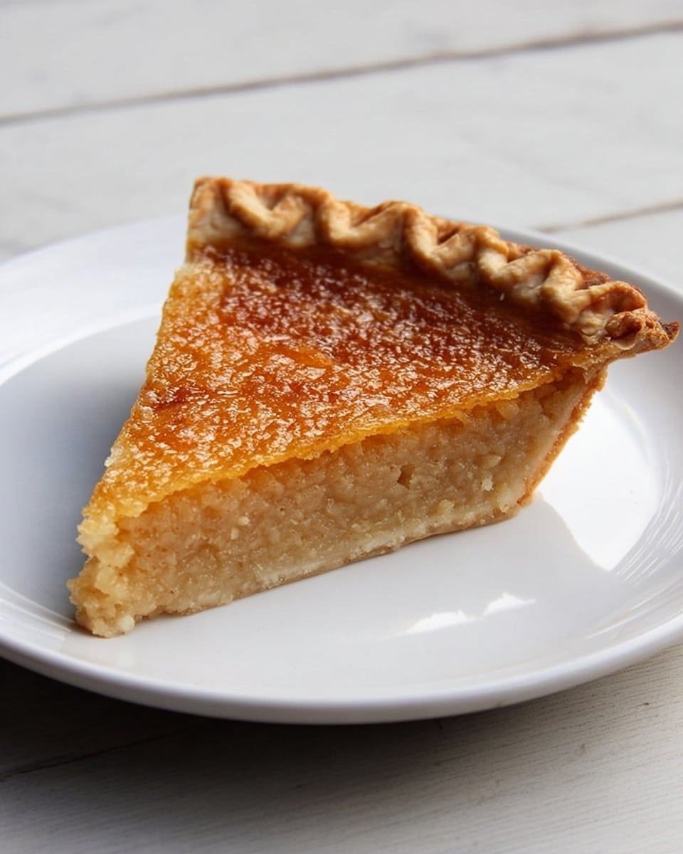 A single slice of pie sits on a white plate with a smooth surface. The pie has two main layers: the bottom layer is a soft, golden-brown filling with a slightly grainy texture, while the top layer is a darker golden, almost caramelized, thin crust with small bubbles and a crisp appearance. The pie crust edge is thick and crimped, showing a light beige color and a flaky texture. The plate rests on a white marbled surface. photo taken with an iphone --ar 4:5 --v 7