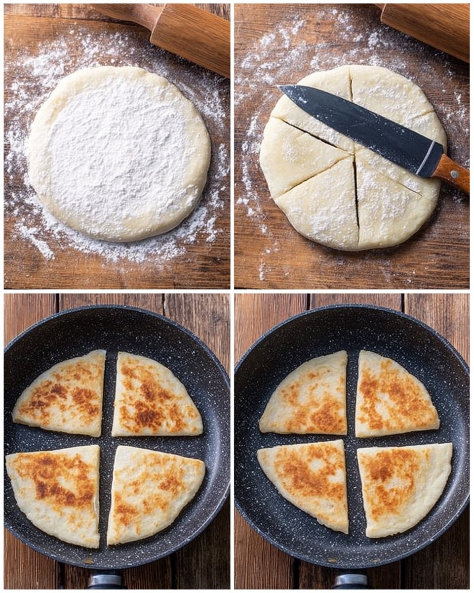 The image shows four stages of making flatbread on a white marbled surface and in a dark frying pan. The top left shows a round dough disk dusted with flour, with a light off-white color and soft texture, next to a wooden rolling pin. The top right shows the same round dough, now divided into four equal wedges with a knife resting on the side, still on the white marbled surface dusted with flour. The bottom left displays the four dough wedges placed separately but close together inside a dark frying pan with a speckled texture against a wooden background. The bottom right shows the same four wedges with a golden-brown cooked surface, showing spots of toasted color and a slight puff, still in the frying pan. Photo taken with an iphone --ar 4:5 --v 7