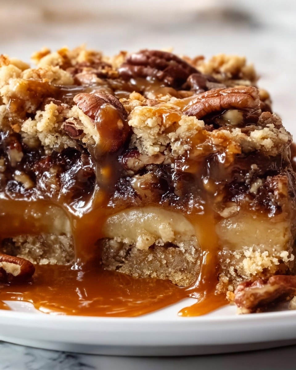The image shows a slice of apple crumb pie on a white plate with a thick flaky crust at the bottom and sides. The first layer is soft, cooked apple slices that are light golden-brown and juicy. On top of the apples is a crumb topping made of small, crumbly pieces in golden brown, with a rough texture. There is a dollop of white whipped cream on the crumb layer, drizzled with shiny caramel sauce that also drips down onto the plate. The plate sits on a white marbled surface, next to a fork and a glass cup filled with caramel sauce. Photo taken with an iphone --ar 4:5 --v 7