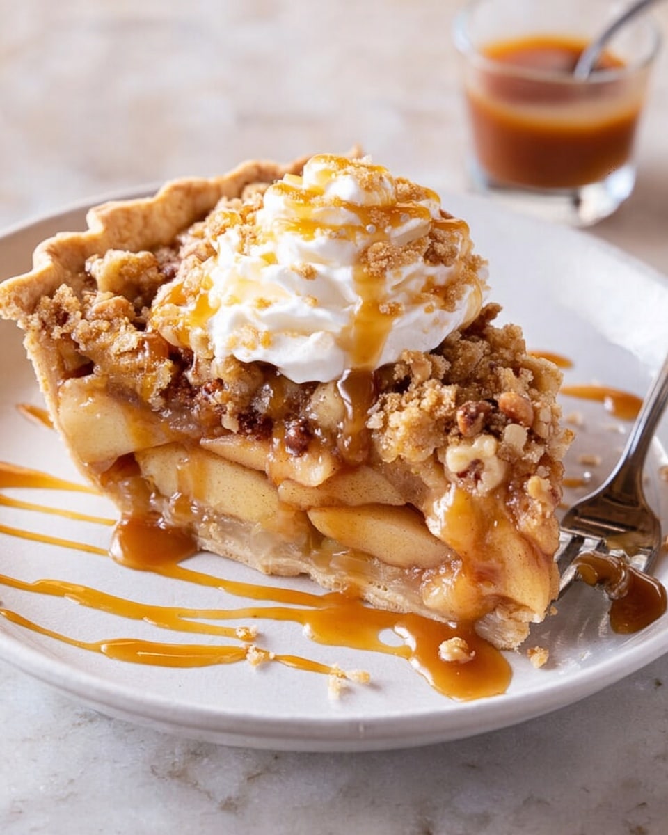 A pie with a thick light golden crust forms the base, filled with soft, thinly sliced apple pieces that have a light brown cooked color. The top layer is a crumbly streusel topping with small lumps of baked dough mixed with nuts, caramelized to a golden brown with darker browned spots, covering the whole pie. The pie is placed on a white plate showing part of the empty space where a slice is taken out, with some syrupy juice pooled inside. The background is a white marbled surface with a folded blue and white checkered cloth and a knife with a wooden handle nearby. Photo taken with an iphone --ar 4:5 --v 7