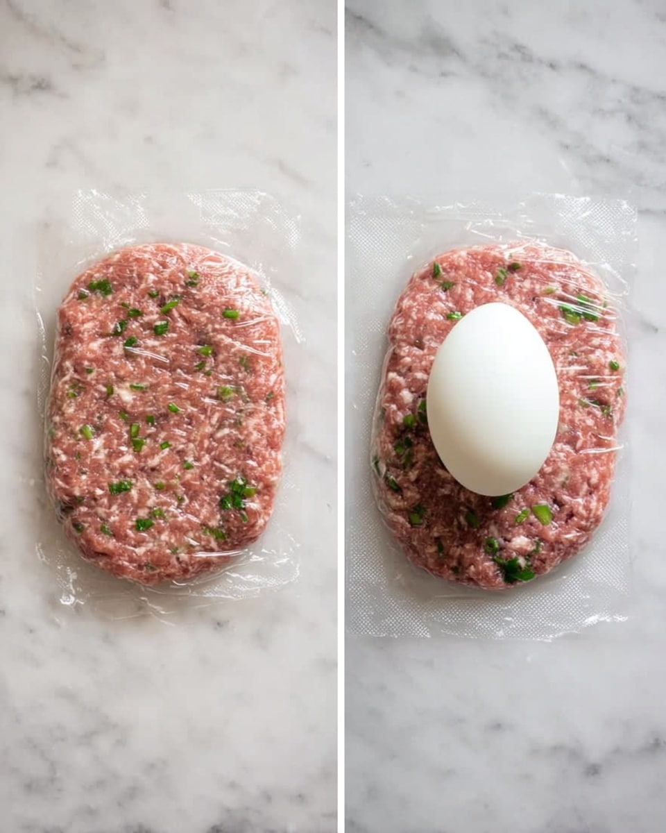 The image shows two side-by-side scenes on a white marbled surface. Both scenes have a flattened oval shape of ground meat mixed with small green herb pieces placed on a sheet of clear plastic wrap. In the left scene, the meat layer is alone, showing its reddish-pink texture with the green bits spread throughout. In the right scene, a single whole boiled egg with a smooth white surface sits centered on top of the flattened meat layer. The clear plastic wrap continues underneath both layers. photo taken with an iphone --ar 4:5 --v 7