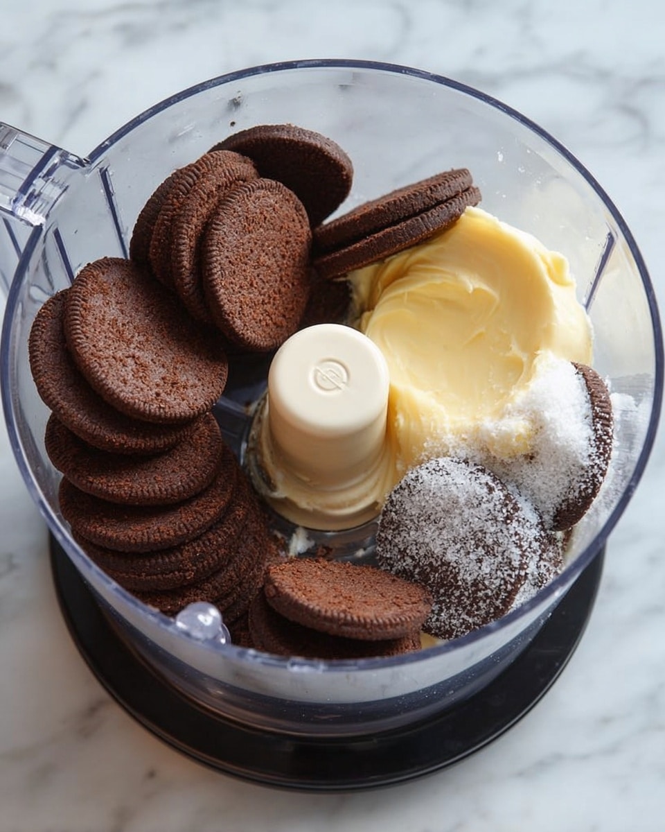 Inside a clear food processor bowl, there are many round, dark brown cookies stacked mostly on the left half and some on the right side. A pale yellow, smooth, thick layer of butter or cream sits in the middle of the cookies. White sugar granules cover some of the cookies on the right side, especially near the white center part. The food processor is placed on a black base, and the background is a white marbled surface. Photo taken with an iphone --ar 4:5 --v 7