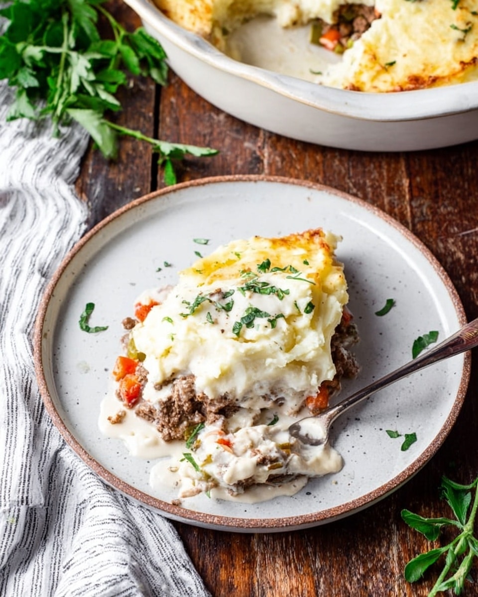A white skillet filled with a two-layer dish sits on a white marbled surface. The bottom layer is a mix of diced orange carrots, green peas, small white beans, and bits of browned meat in a creamy sauce. The top layer is thick, smooth mashed potatoes, spread evenly with slight texture and sprinkled with small chopped green herbs. A spoon lifts a scoop from the skillet, showing both layers clearly with the creamy vegetable and meat mixture underneath the light potato topping. A woman's hand holds the spoon. Photo taken with an iphone --ar 4:5 --v 7