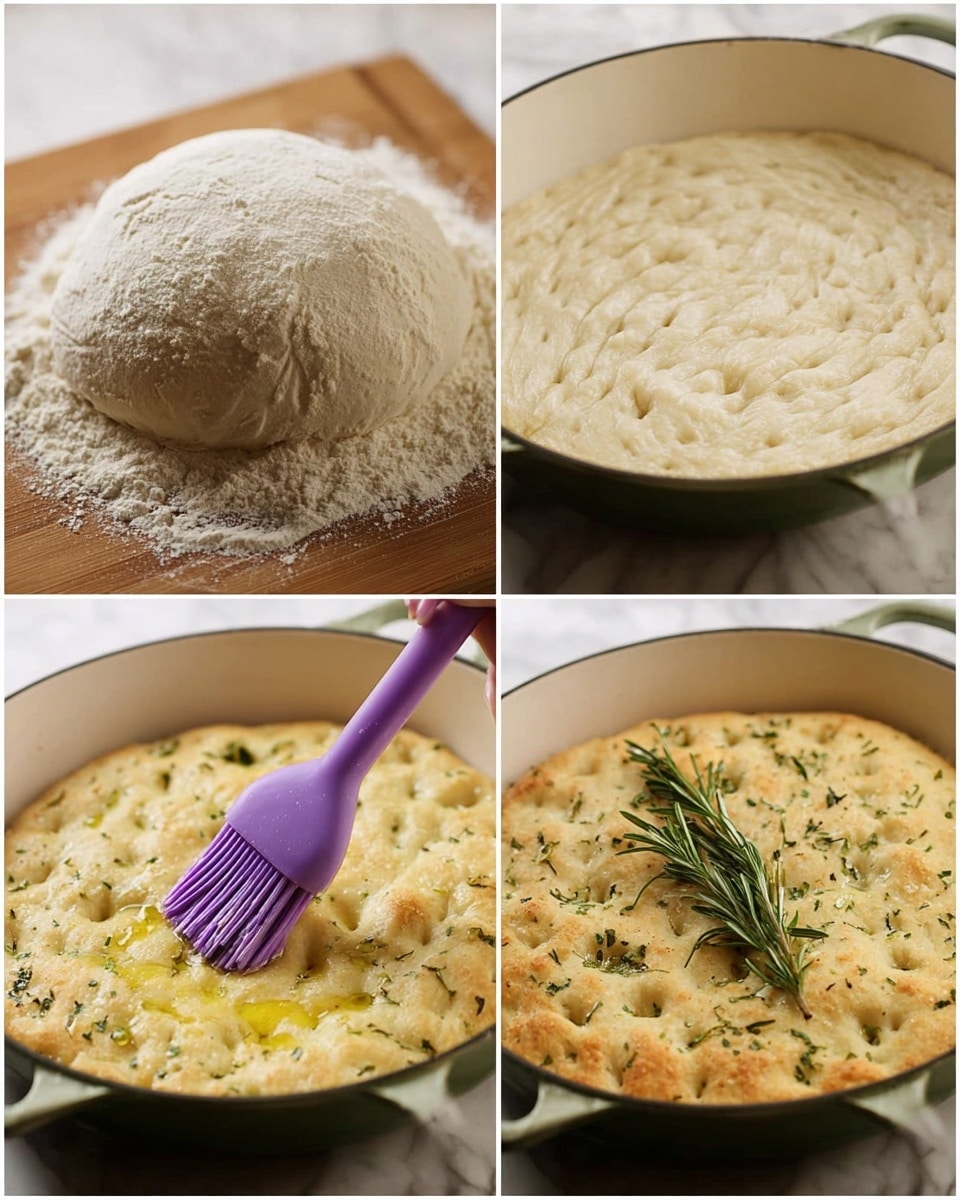 The image shows four stages of making focaccia bread. The top left part has a round ball of dough covered with flour on a wooden board. The top right part shows stretched dough with small dimples inside a white cast iron pan. The bottom left part shows the dough with oil being brushed gently by a purple brush, revealing a pale yellow surface with specks of herbs. The bottom right part shows the baked focaccia, golden brown with textured holes, sprinkled with herbs, and topped with a small green sprig of rosemary, all inside the same white cast iron pan. The background is a white marbled surface. Photo taken with an iphone --ar 4:5 --v 7