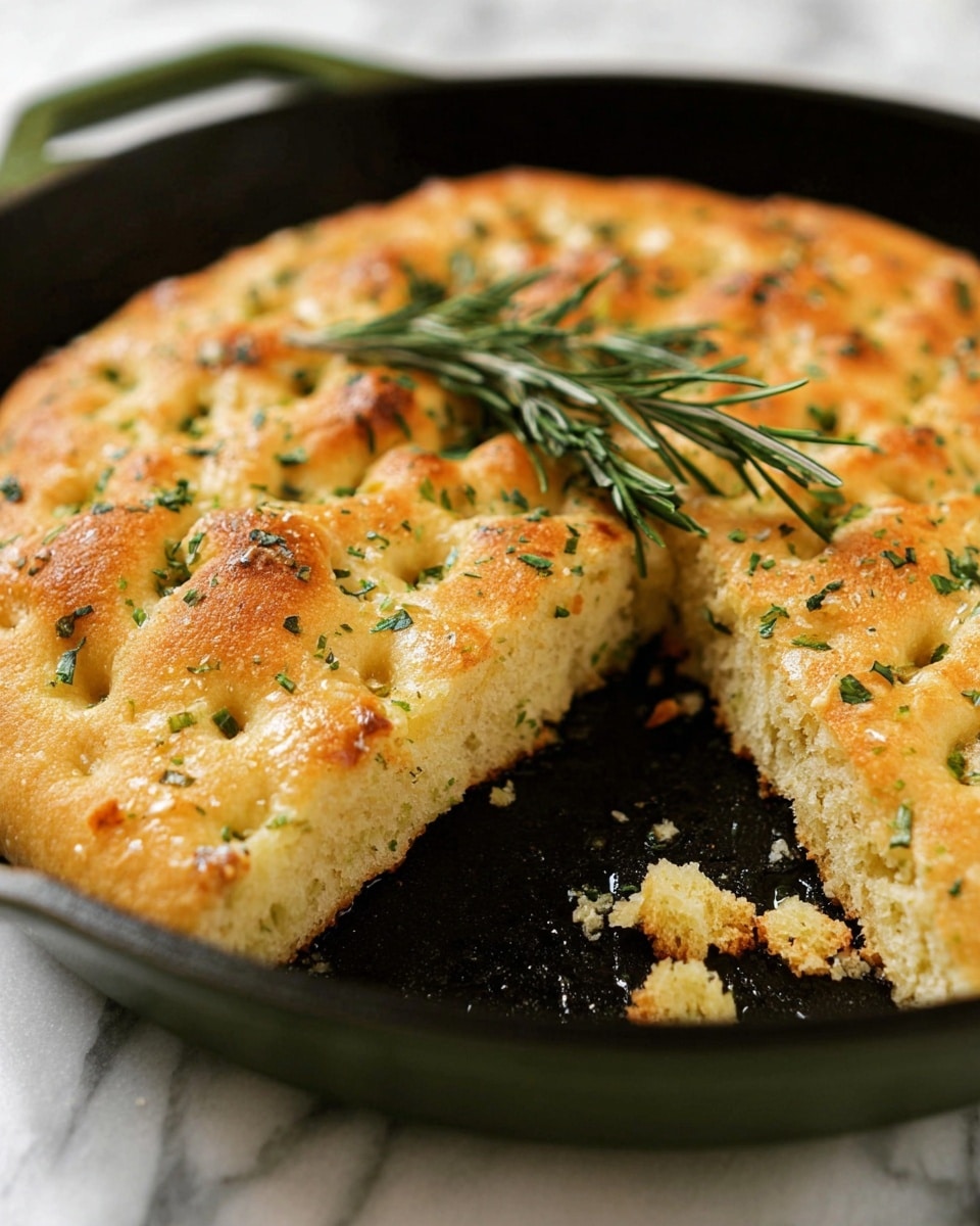A round, golden-brown focaccia bread sits in a black skillet with a green handle, showing a dimpled surface sprinkled with small green herbs and coarse seasoning. The bread has a soft, textured look with slight browning on top, and a small sprig of fresh rosemary is placed in the center. The skillet rests on a white cloth over a white marbled surface. photo taken with an iphone --ar 4:5 --v 7