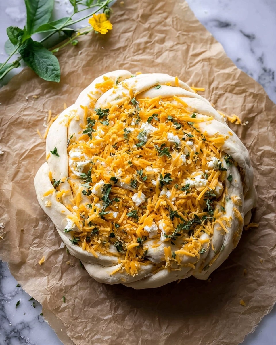 A spiral-shaped bread with three visible layers, each layer showing a golden-brown crust with melted cheese spread unevenly through the dough. The cheese is a mix of light yellow and white, melting and bubbling slightly, giving the bread a textured and crispy look. Small green herb leaves are sprinkled on top, adding contrast and freshness. The bread is sitting on a rustic wooden surface with green herb sprigs placed around it, and beside the bread are two clear glasses with a light yellow liquid inside. The photo taken with an iphone --ar 4:5 --v 7
