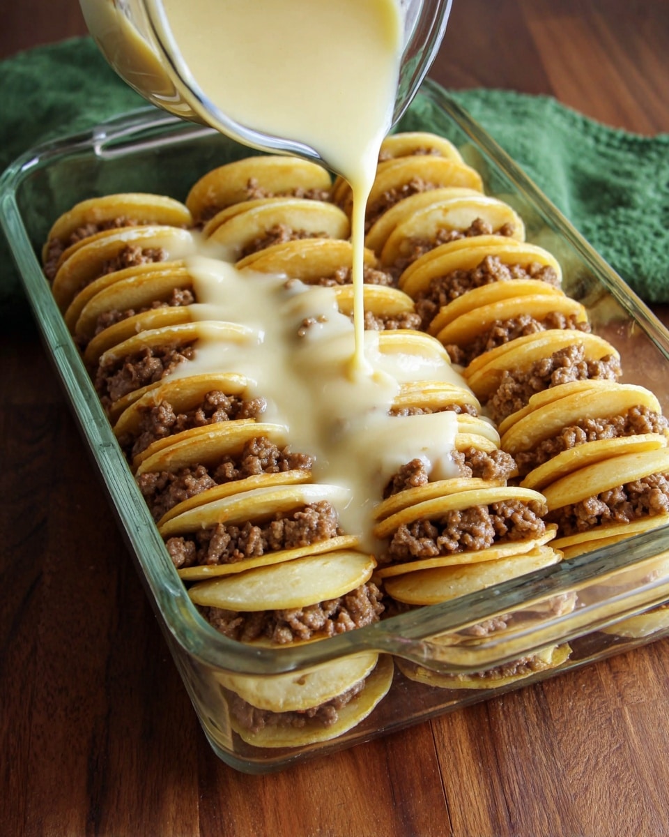 In a clear glass baking dish, there are three rows of small golden brown pancakes standing upright, each sandwiching a layer of cooked ground meat that is light brown and crumbly. A creamy, pale yellow sauce is being poured over the pancakes and meat, flowing through the rows and filling the spaces between them. The dish is placed on a wooden surface with a green cloth in the background, and the overall look is warm and inviting. photo taken with an iphone --ar 4:5 --v 7