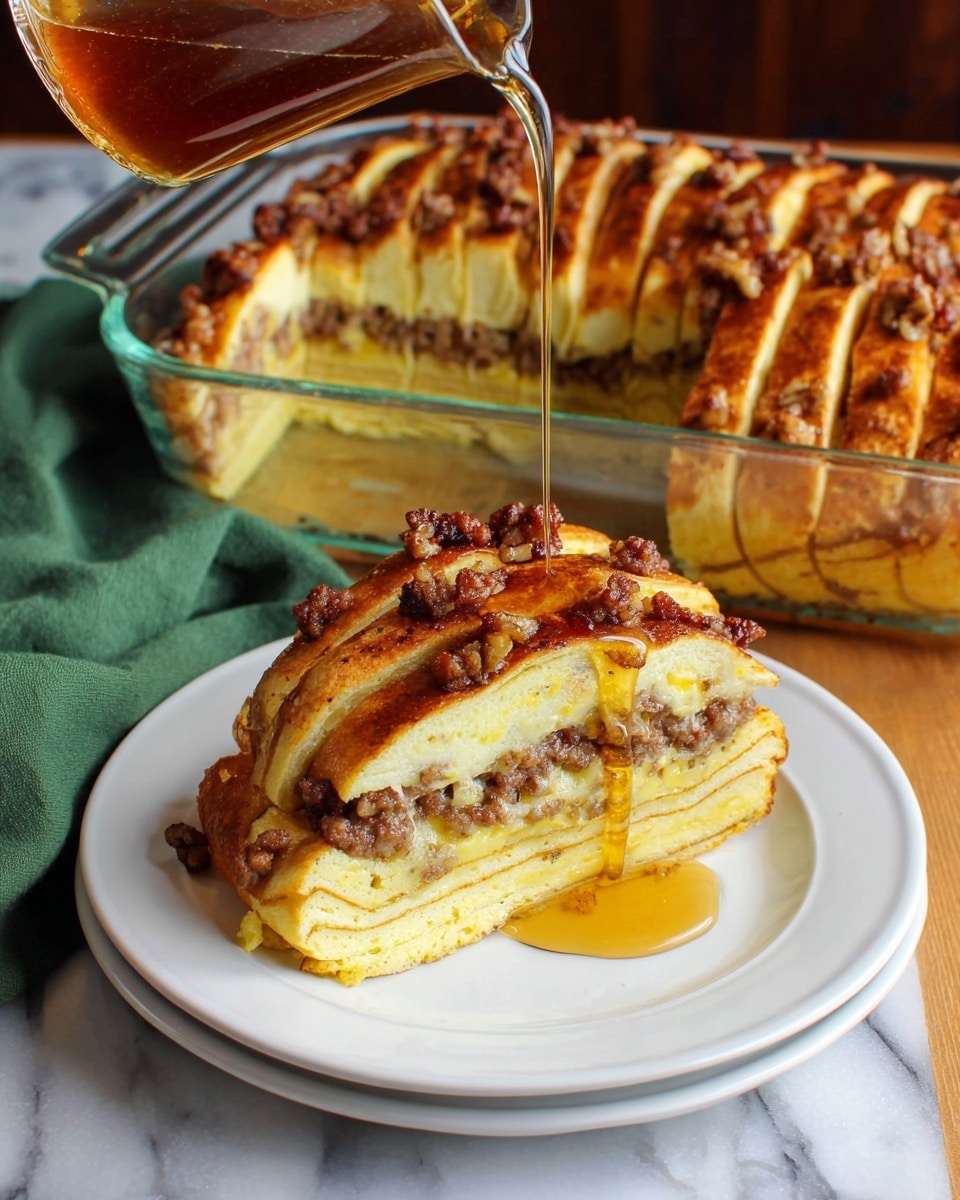 The dish is a baked casserole in a clear glass rectangular dish. It has many vertical layers of golden brown pancakes standing upright, each layer separated by small bits of browned sausage. The sausages are scattered throughout the dish, with melted cheese filling in between, creating a creamy texture that is slightly bubbly and light yellow in color. The pancakes have a soft, warm look with slightly crispy edges. The dish is placed on a wooden table with a green cloth partially visible underneath the glass dish. photo taken with an iphone --ar 4:5 --v 7