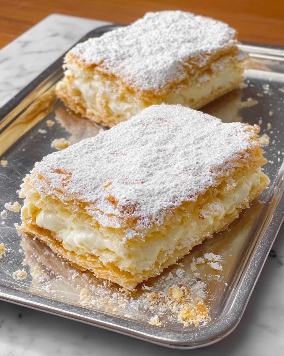 Two square cream-filled pastries are placed on a silver tray, which rests on a white marbled surface. Each pastry has three visible layers of light golden, flaky dough with a creamy white filling between them. The top is covered with a light dusting of white powdered sugar, giving the surfaces a textured and slightly uneven look. The dough layers show a soft, delicate texture with some small cracks and crumbs around the pastries. photo taken with an iphone --ar 4:5 --v 7