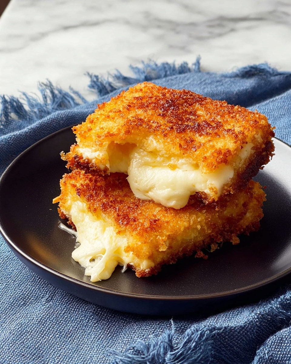 Two pieces of golden, crispy layered food sit on round white plates on a blue striped cloth with a white marbled surface underneath. Each piece has a rough, browned top crust that looks crunchy and slightly uneven with small darker spots. Below the crunchy top, there is a creamy white middle layer and a solid pale yellow bottom layer, giving the dish a three-layered look. The plates are simple and modern, showing the food clearly and making the warm colors stand out. Photo taken with an iphone --ar 4:5 --v 7