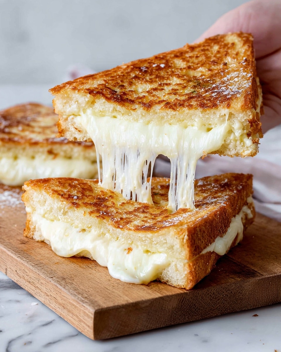 A grilled cheese sandwich with two triangular pieces, one lifted showing melted white cheese stretching between the two slices. The sandwich has a golden brown crust that looks crunchy with a slightly bubbly texture. The bread is thick and soft inside, with the cheese forming long thin strands in the middle. The sandwich is placed on a wooden board on a white marbled surface, and a woman's hand holds the lifted piece. Photo taken with an iphone --ar 4:5 --v 7