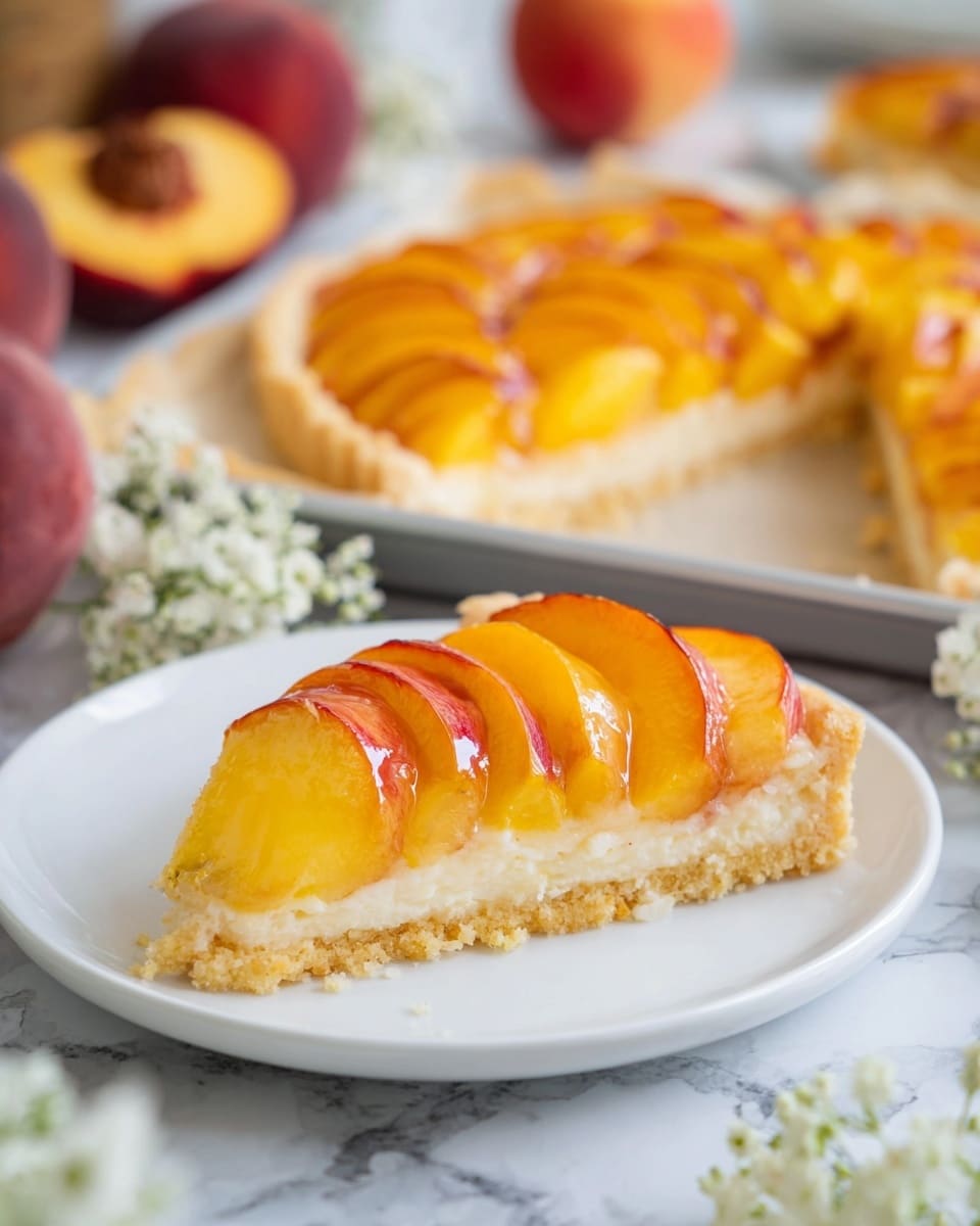 A rectangular baked tart sits in a pan on a white marbled surface, with a thick golden-brown crust forming a raised border. Inside the crust, there are five even rows of fresh peach slices, each slice showing warm shades of orange, yellow, and red, tightly layered side by side. A light white glaze is drizzled across the peaches, adding a shiny texture on top. Peach slices are scattered near the pan, adding a natural touch. Photo taken with an iphone --ar 4:5 --v 7