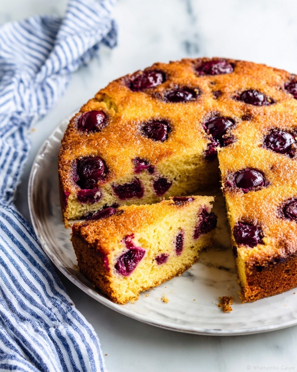 A round cherry cake with a golden brown top, dotted evenly with whole cherries visible inside and on the surface, rests on a white plate placed on a white marbled texture. One slice is cut and slightly pulled out from the cake, showing a moist light yellow interior filled with bright red cherries. Around the plate, whole cherries, almond nuts, and a knife with a wooden handle are scattered, and a woman's hand is about to grab the slice. Photo taken with an iphone --ar 4:5 --v 7