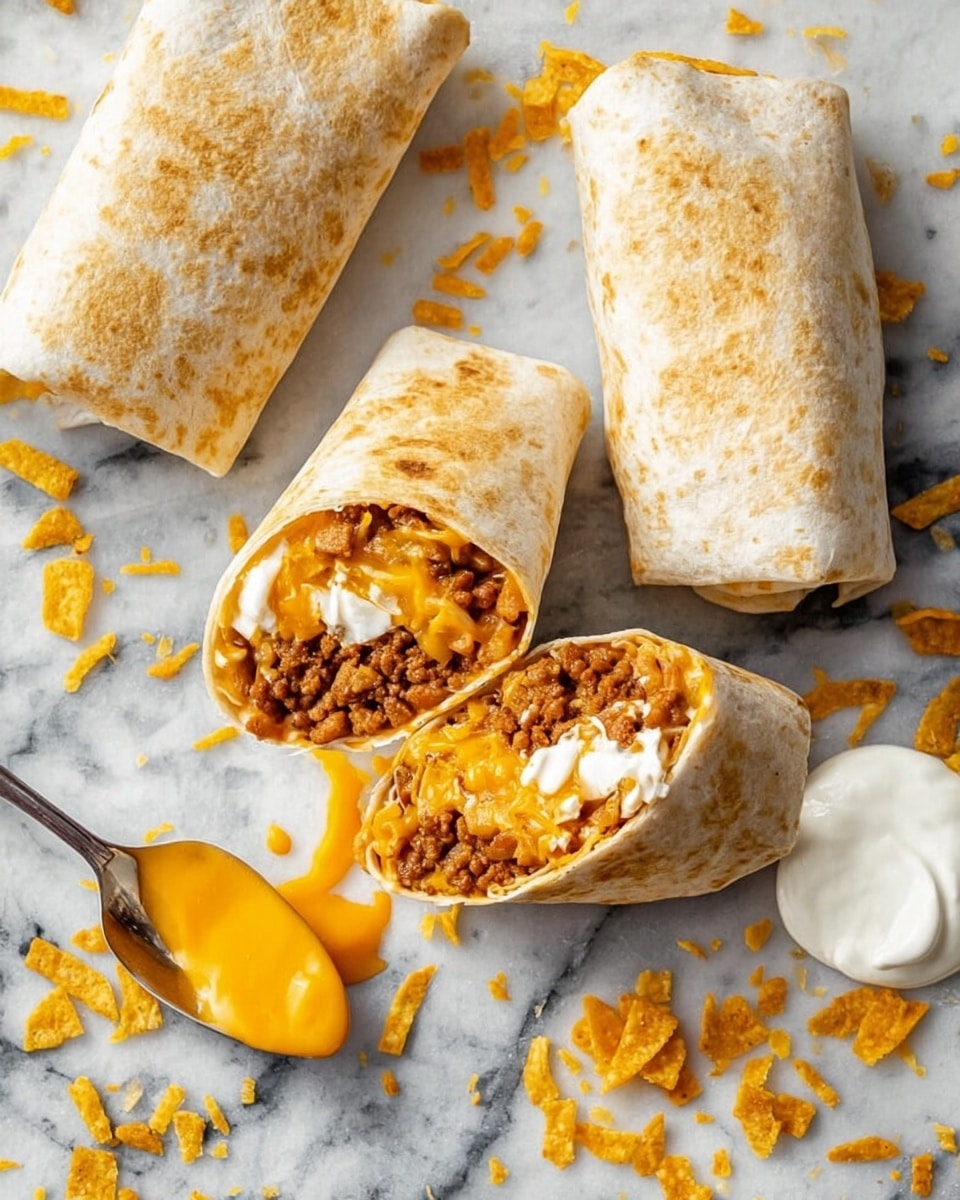 The image shows three burritos on a white marbled surface, two whole and one cut in half to reveal its layers. Inside the cut burrito, the innermost layer is a mix of light brown ground meat and some dark brown beans, followed by a layer of orange-yellow melted cheddar cheese, light beige crispy tortilla chips, creamy white sour cream, and light yellow cooked rice strands on top. Around the burritos are small scattered chips, shredded orange cheddar cheese, some white sour cream dollops, and a silver spoon with bright orange melted cheese on it. The scene is bright and clear, photo taken with an iphone --ar 4:5 --v 7