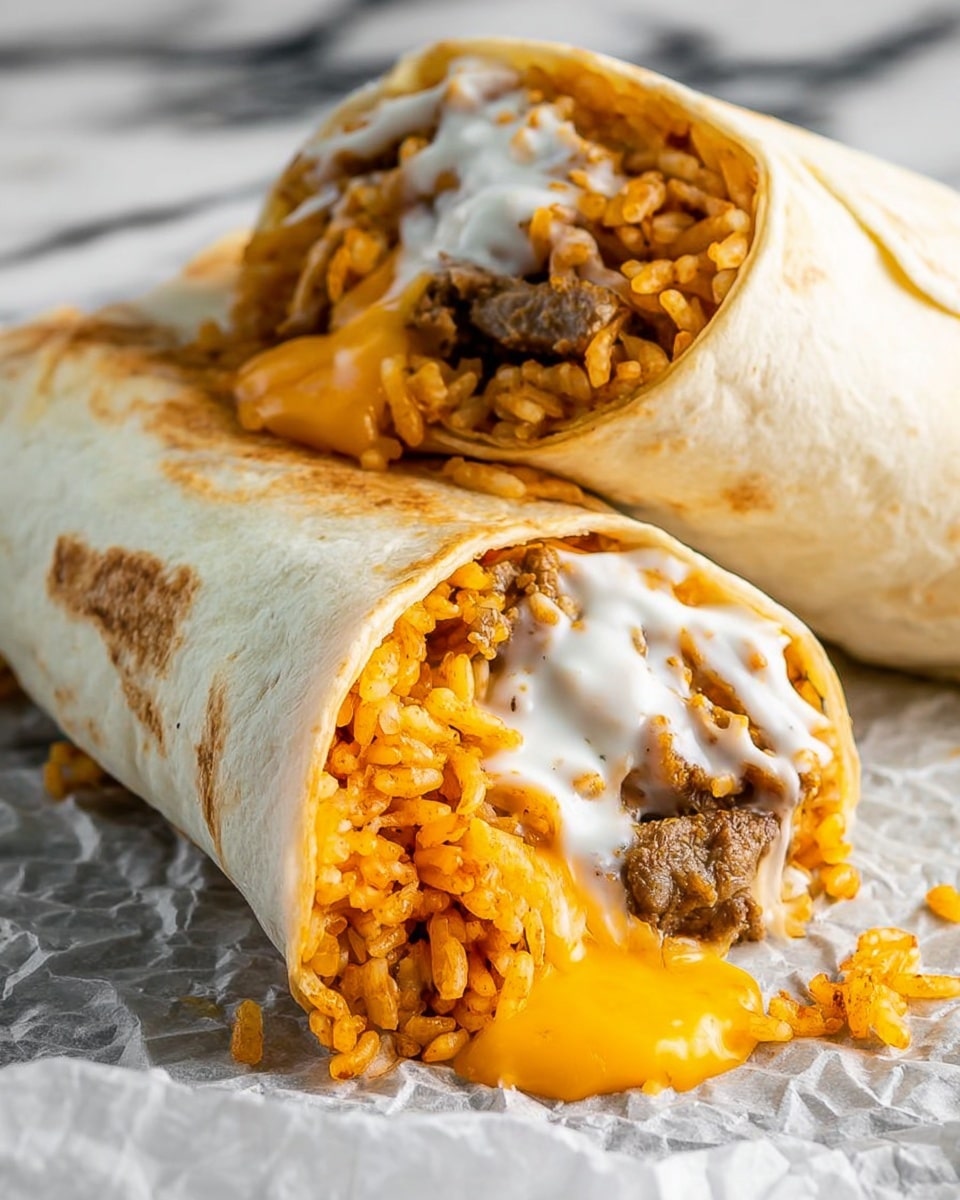The image shows two soft white tortillas wrapped into burritos. The burrito in the front is open at one end, showing four main layers: melted bright yellow cheese oozing out from the bottom; above it, thin crispy orange curls; next, orange-tinted rice grains mixed with small pieces of soft brown meat; and on the top, creamy white sauce spread unevenly over the filling. The burrito in the background is closed and resting on a white marbled surface with a crumpled white paper underneath. The texture of the tortillas is soft and slightly browned in spots. photo taken with an iphone --ar 4:5 --v 7