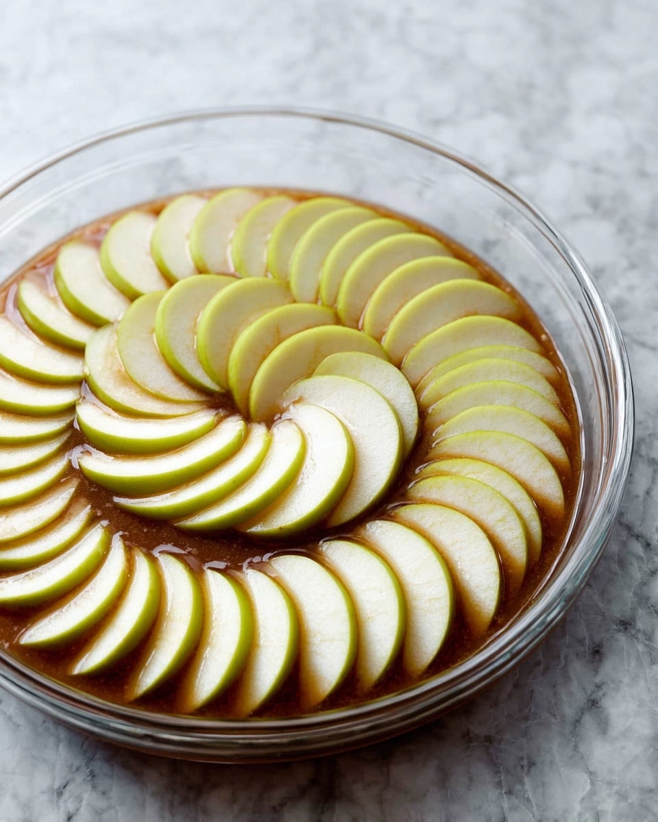 A single-layer round apple upside-down cake sits on a white fluted ceramic plate. The top layer shows glossy, caramelized apple slices arranged neatly in a circular pattern with warm brown and golden tones. The cake beneath is dark brown and edges slightly crisp. The plate rests on a white marbled surface, with green and red apples placed around it, creating a fresh and inviting look. Photo taken with an iphone --ar 4:5 --v 7