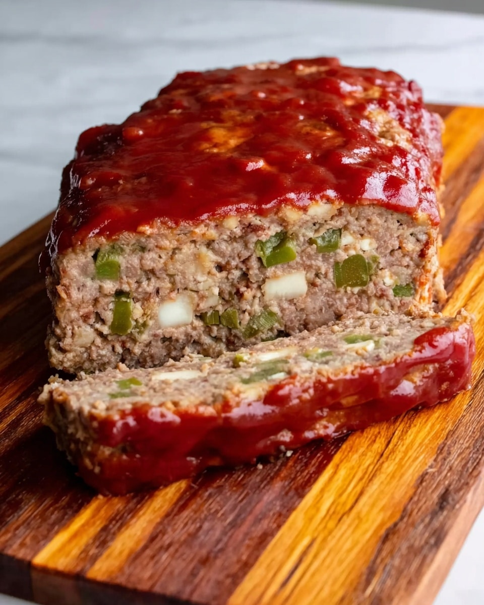 A rectangular meatloaf loaf sits on a wooden board on top of a white marbled surface, with the front portion showing a cross-section. The meatloaf has three main layers inside: a light brown meat mixture with visible green pepper pieces and small white cheese chunks distributed evenly throughout. The top layer is a shiny deep red sauce spread thickly and smoothly over the whole loaf, slightly dripping down the sides. The texture of the meat looks soft but firm, and the wooden board has natural brown and orange wood grain patterns. photo taken with an iphone --ar 4:5 --v 7