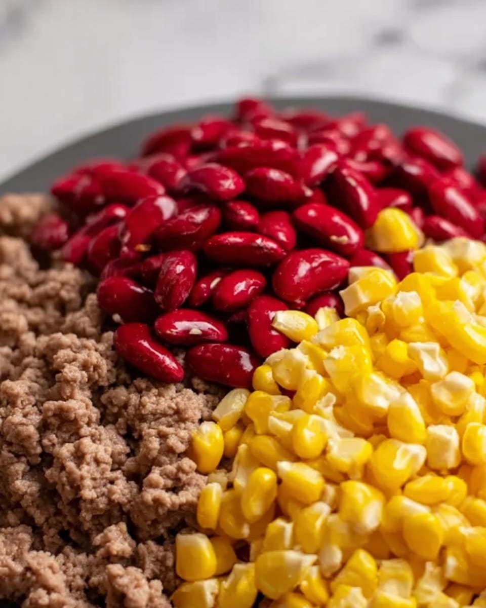 This dish shows three main layers on a white plate set on a white marbled surface. The bottom layer is a mix of brown cooked ground meat with dark red kidney beans and yellow corn kernels, all looking moist and well-cooked. On top of this is a thick, crumbly yellow cornbread layer with a slightly golden-baked texture. The top layer is a generous dollop of smooth, white sour cream, garnished with small green avocado pieces, tiny green herb bits, and a half slice of bright red tomato placed on the very top. photo taken with an iphone --ar 4:5 --v 7
