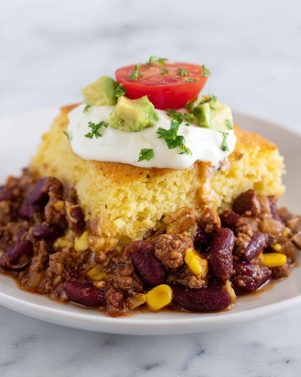 The image shows a white rectangular baking dish filled with two layers. The top layer is a thick, golden-yellow cornbread crust sprinkled with small green herb pieces. The bottom layer is a rich mixture of chunky dark red kidney beans, yellow corn kernels, and browned ground meat in a brownish sauce. A spoon is scooping one square piece, revealing the moist, dense cornbread on top and the colorful, textured filling below. The dish sits on a white marbled surface. Photo taken with an iphone --ar 4:5 --v 7