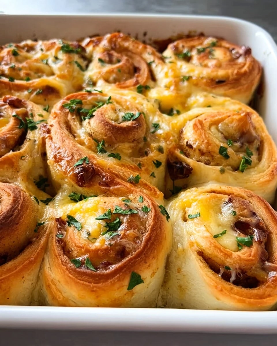 A white rectangular baking dish filled with twelve golden-brown swirled rolls arranged neatly in three rows of four. Each roll has a soft and fluffy texture with visible layers of light dough spiraled with dark filling and melted white cheese. Small green herbs are sprinkled lightly over the entire batch, adding specks of color. The dish rests on a white marbled surface beside a brown cloth. Photo taken with an iphone --ar 4:5 --v 7