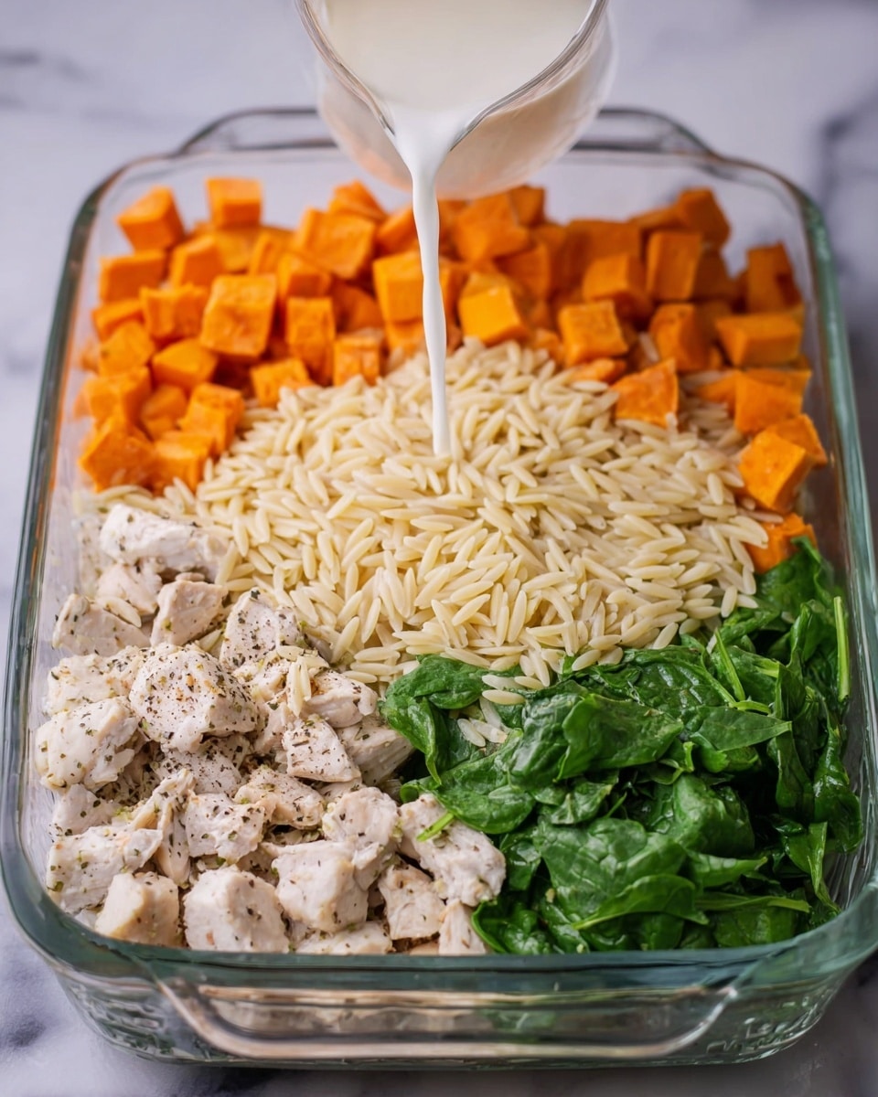 A clear rectangular glass dish holds four neat sections of ingredients before baking. The bottom left section has small chunks of white cooked chicken with black pepper, next to it in the bottom right is a mound of light yellow orzo pasta. Above the orzo, in the top right section, there are fresh dark green spinach leaves, and the top left section is bright orange roasted sweet potato cubes. Above the dish, a white liquid is being poured from a white jug into the center of the ingredients. The scene is set on a white marbled surface. Photo taken with an iphone --ar 4:5 --v 7