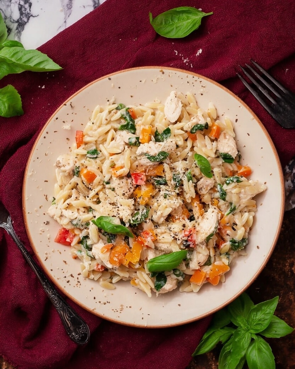 A white plate filled with a creamy pasta dish made of small, pale orzo pasta pieces mixed with chunks of white cooked chicken, bright orange roasted bell peppers, and fresh dark green basil leaves. The dish is sprinkled with black pepper and grated cheese, giving a light textured topping. The plate rests on a dark red cloth with a few basil leaves scattered nearby, all on a white marbled surface. Photo taken with an iphone --ar 4:5 --v 7