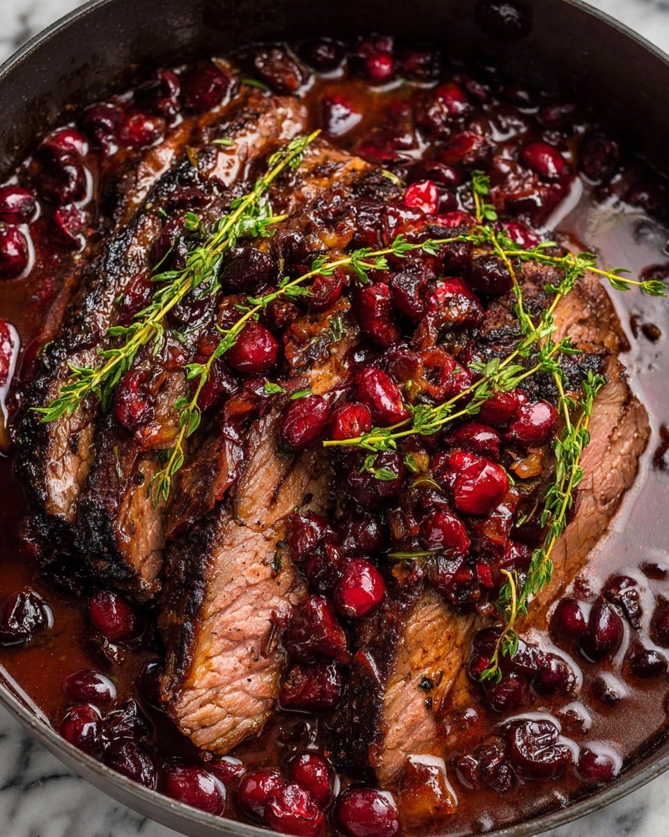 A white plate holds several slices of medium-cooked roast meat, showing a pink center and brown edges, arranged in a loose pile. On top of the meat is a dark, glossy sauce mixed with whole red cranberries, adding pops of bright red color. Small green thyme sprigs sit atop the sauce, adding a touch of fresh green contrast. An old-fashioned silver fork rests partly on the plate’s edge and partly on the meat. The plate is placed on a white marbled surface with a soft grey cloth casually folded beside it. Photo taken with an iphone --ar 4:5 --v 7