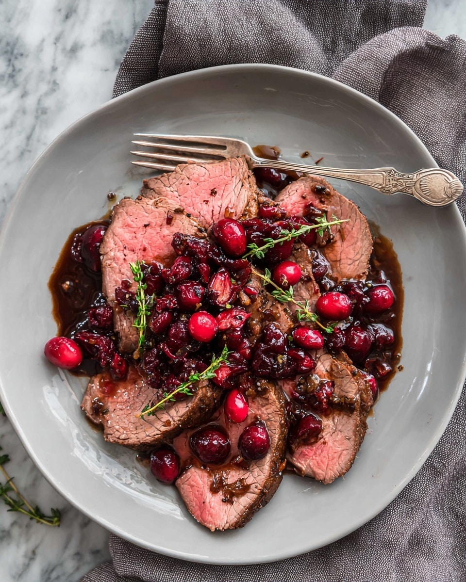 A large dark brown pan filled with thick slices of cooked meat stacked in two layers, the top layer showing a crispy, charred dark brown outer edge and the bottom layer displaying tender, medium-cooked pink centers. Surrounding the meat is a glossy, thick sauce full of bright red cranberries and scattered fresh green thyme sprigs, some lying on top of the meat. The sauce has a shiny, slightly chunky texture with a deep reddish-brown color, pooling around the meat and in the pan. The whole scene sits on a white marbled surface. Photo taken with an iphone --ar 4:5 --v 7