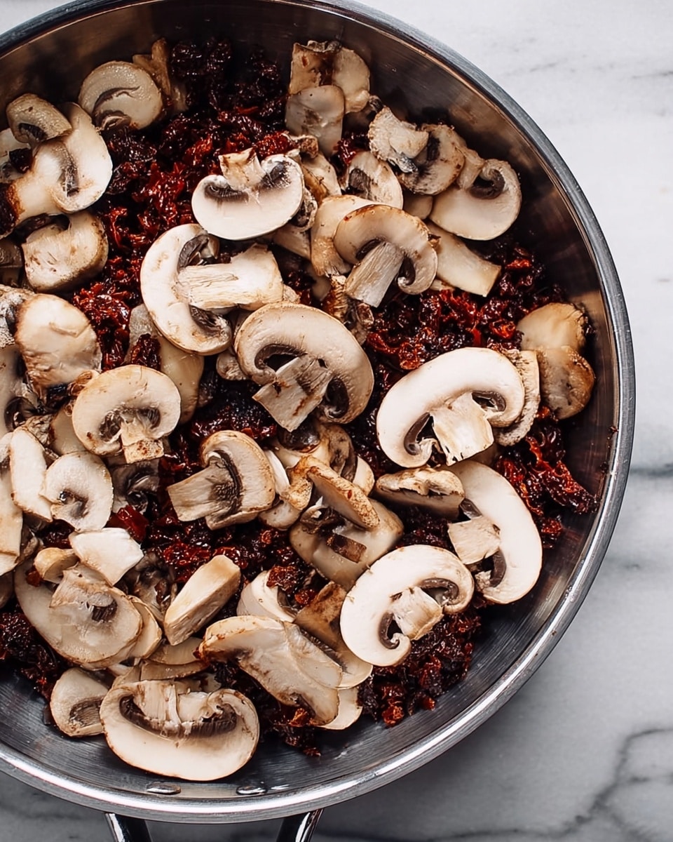 A close-up view of a silver metal pan filled with two layers of food: the bottom layer is made up of dark, finely chopped sun-dried tomatoes with a rough texture, while the top layer shows many sliced white and brown mushrooms scattered evenly across the pan. The mushrooms have a smooth texture and are sliced in half or quarters, showing their gills and stems clearly. The pan is placed on a white marbled surface. Photo taken with an iphone --ar 4:5 --v 7