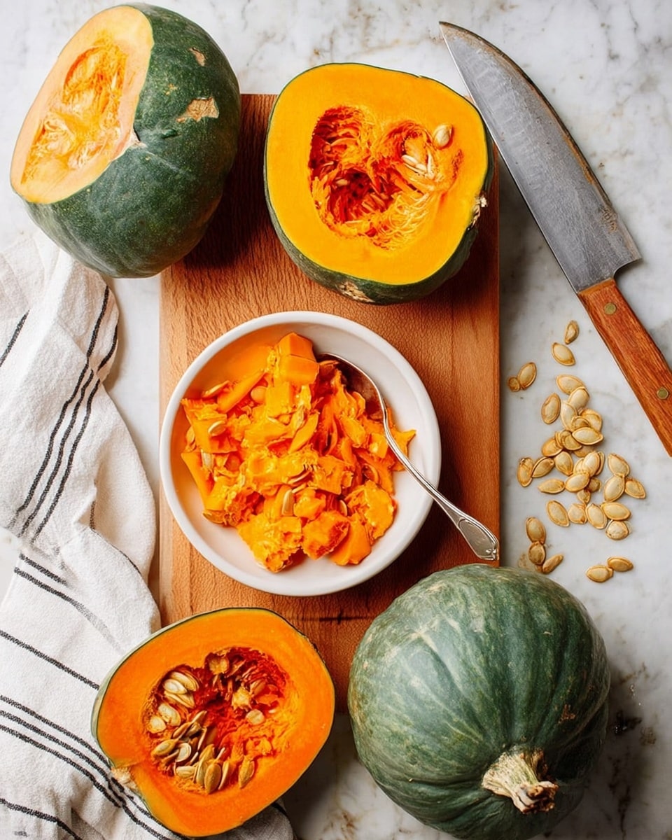 The image shows a wooden board on a white marbled surface with three cut pumpkins and a white bowl filled with bright orange pumpkin seeds and soft pumpkin flesh. There is a large green pumpkin on the bottom right, another green pumpkin cut in half on the top left revealing its orange inner flesh and seeds, and an orange pumpkin cut in half on the right side showing its shiny orange inside with seeds. A silver spoon rests inside the bowl. A large knife with a wooden handle lies near the top right, and a white cloth with black stripes is placed on the bottom left corner. Photo taken with an iphone --ar 4:5 --v 7