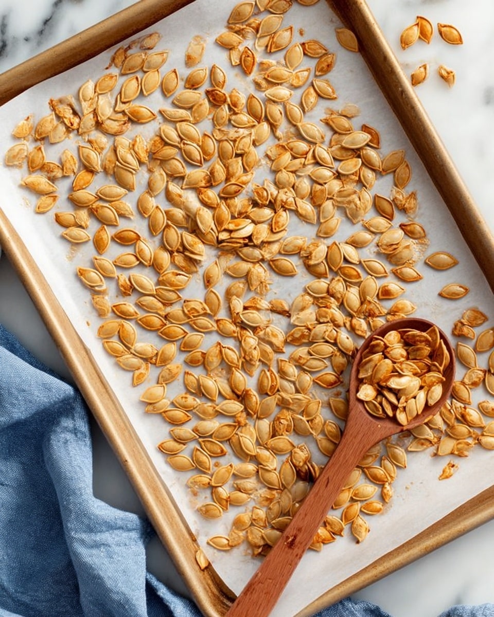 A white baking tray filled with a single layer of golden-brown roasted pumpkin seeds that have a slightly crispy texture. A wooden spoon rests on the tray, scooping some seeds. To the right of the tray is a small glass jar with red seasoning inside and a wooden scoop. A small wooden bowl with coarse salt is partially visible on the lower right. The tray sits on a white marbled surface with a blue cloth near the lower left corner. photo taken with an iphone --ar 4:5 --v 7