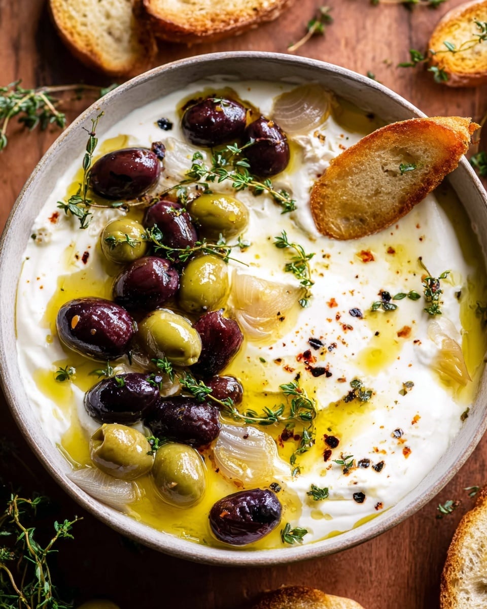 A black bowl holds a creamy white yogurt base with a smooth texture, topped with two types of olives—green and dark purple—scattered mostly in the center. There are pieces of roasted garlic and small fresh green herbs spread over the yogurt. A drizzle of golden olive oil shines on the surface, with a sprinkling of red pepper flakes adding slight color contrast. One toasted baguette slice rests on the edge of the bowl. The bowl sits on a wooden surface with some small green plants nearby. Photo taken with an iphone --ar 4:5 --v 7