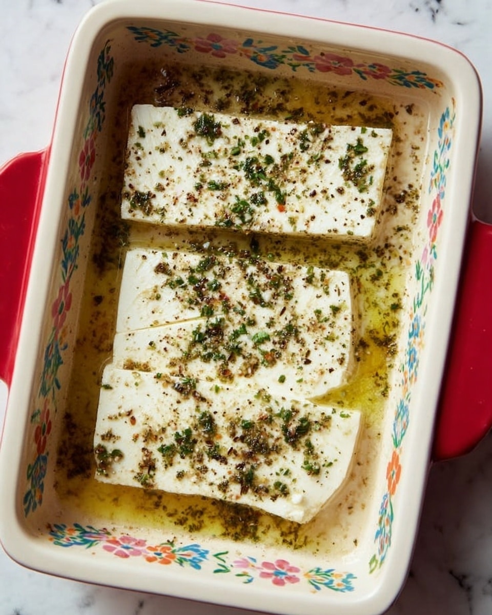 The image shows a white rectangular baking dish with red handles, holding two large, thick white blocks on the bottom layer, sprinkled evenly with finely chopped green herbs and black pepper. Around the edges, a golden brown liquid sauce with herbs and small bits of seasoning pools slightly. The baking dish has colorful flower patterns on its edges and is set on a white marbled surface. photo taken with an iphone --ar 4:5 --v 7