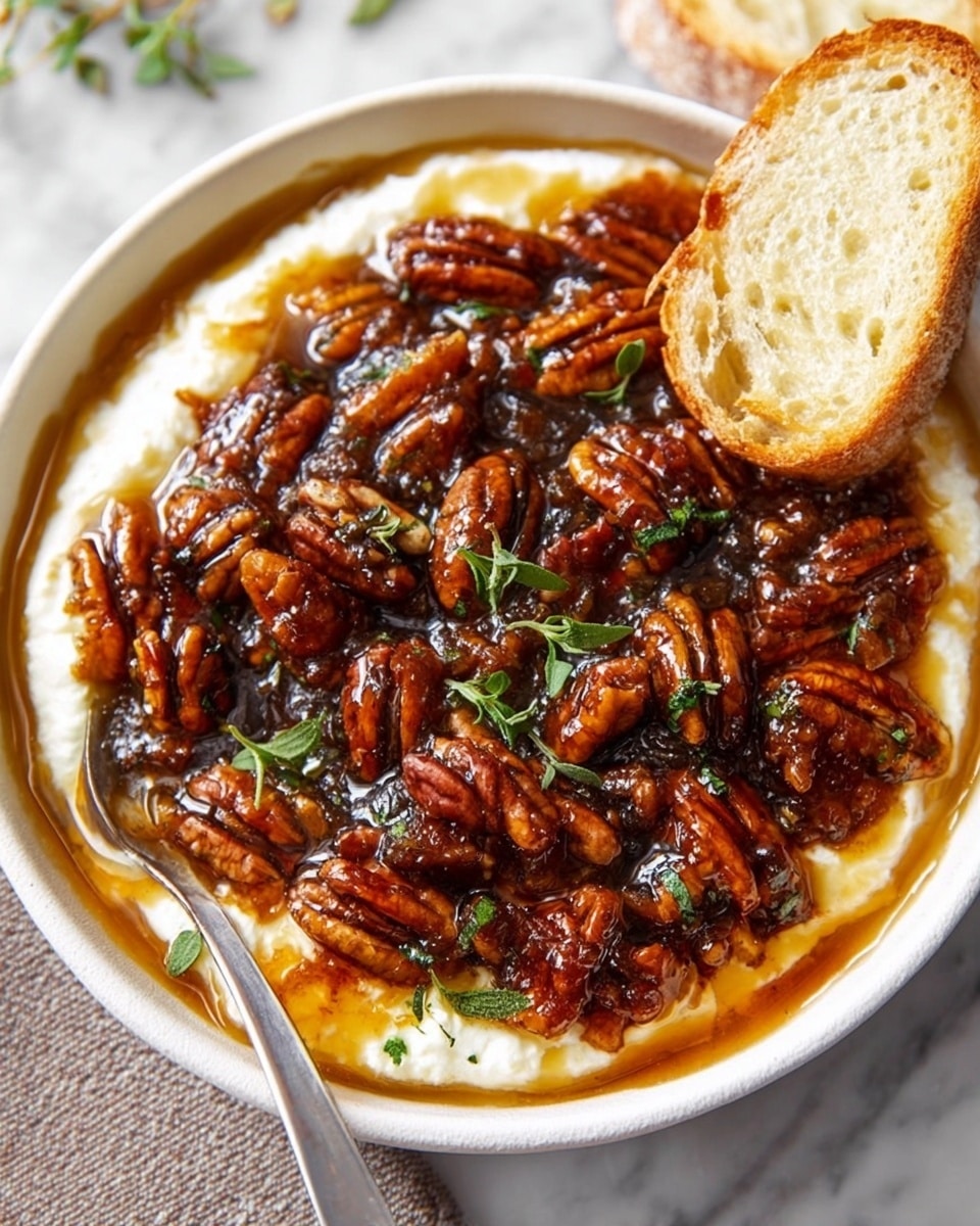 A close-up view of a white bowl filled with a creamy white cheese layer at the bottom, topped with a thick dark amber syrup with whole shiny pecans scattered evenly across it, giving a rich textured look. Small green herb leaves are sprinkled on top for a fresh touch. A silver spoon rests inside the bowl on the left side, and a slice of toasted bread with a light golden crust and soft inside is placed next to the bowl on a white marbled surface. photo taken with an iphone --ar 4:5 --v 7