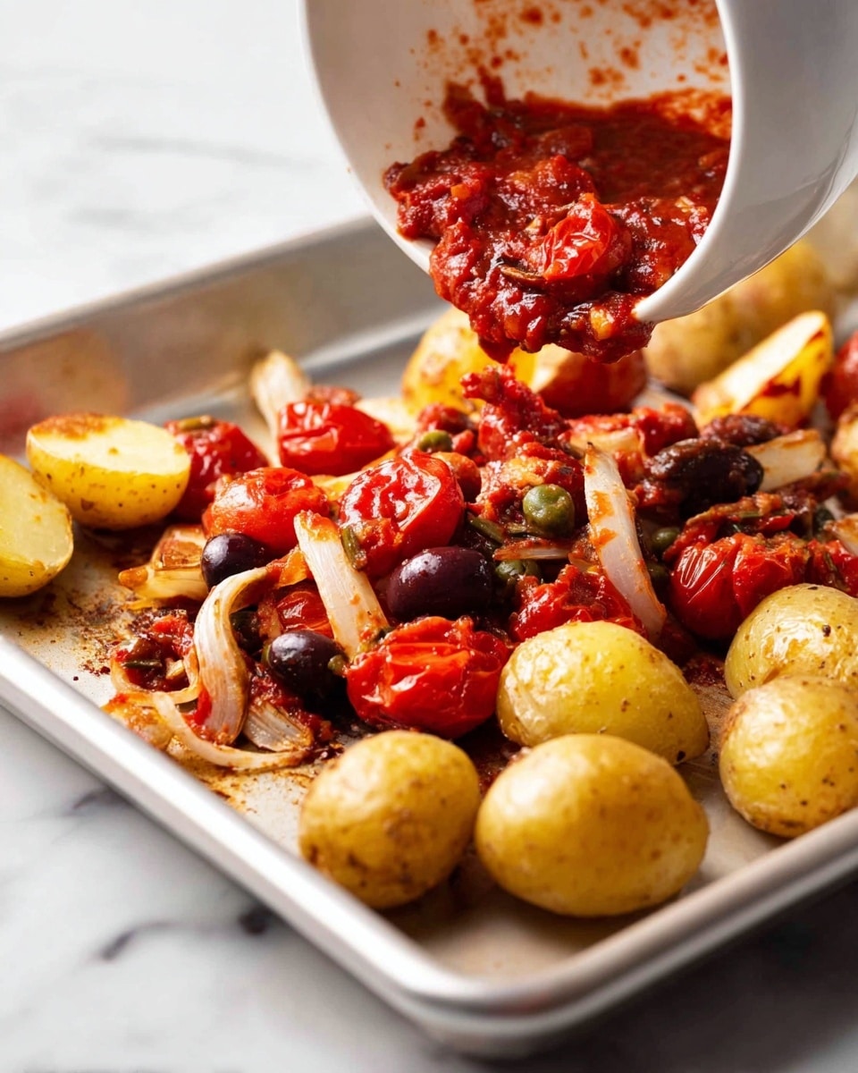 A white bowl filled with a dish showing three main layers: at the bottom, golden roasted potato chunks with a slightly crispy texture; in the middle, bright red cooked cherry tomatoes mixed with dark purple olives creating a rich, glossy look; on top, a large piece of white cooked fish sprinkled with green fresh herbs and capers. Small pieces of the fish are broken off near the front to show its soft texture. A silver spoon rests on the left side inside the bowl. The background is a white marbled surface. Photo taken with an iphone --ar 4:5 --v 7