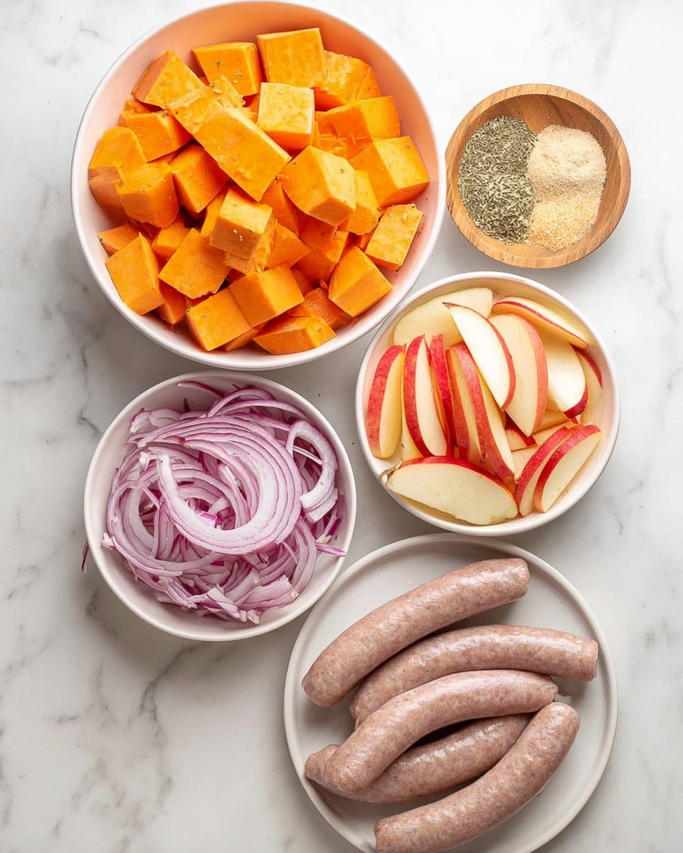 The image shows a white rectangular baking dish filled with five large light brown sausages arranged in a single layer, slightly curved and garnished with small green herb bits. Below the sausages is a mix of roasted chopped orange sweet potatoes, thin yellow potato slices, and pieces of red onion scattered evenly across the bottom of the dish. The vegetables have a roasted texture with some brown edges. The baking dish is placed on a white marbled surface with a small wooden bowl of ground pepper and part of a white cloth visible nearby. Photo taken with an iphone --ar 4:5 --v 7